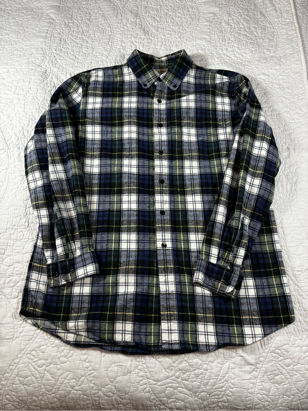 L.L. Bean Plaid Button-Down Shirt - Navy, White & Green